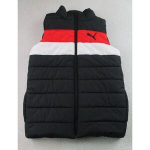 Puma Puffer Vest Youth Medium 10/12 Black Red‎ White Colorblock Quilted Zip Logo